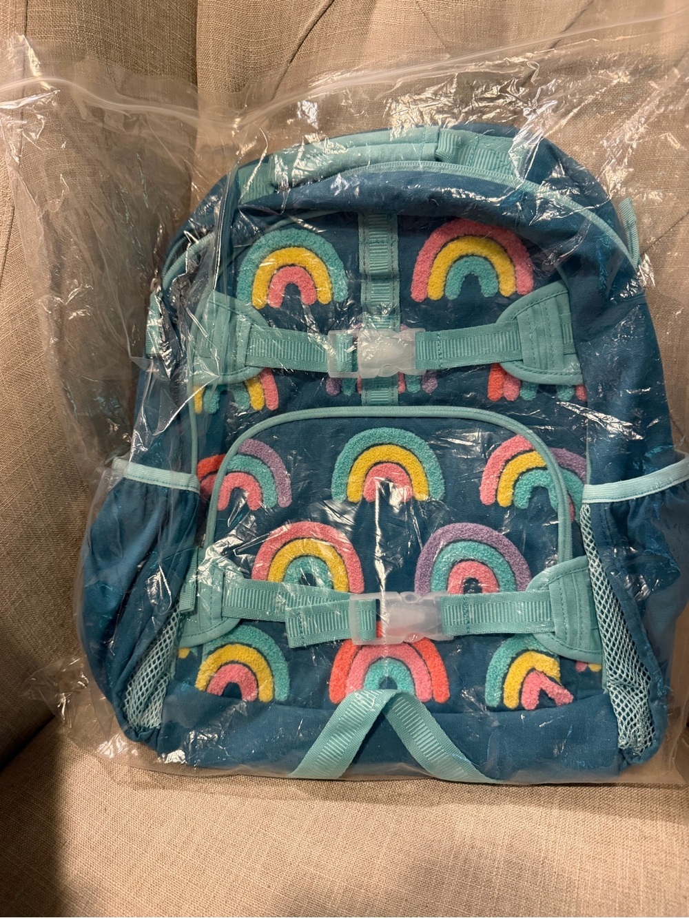 Pottery Barn Kids Teal Rainbow Embroidered Backpack